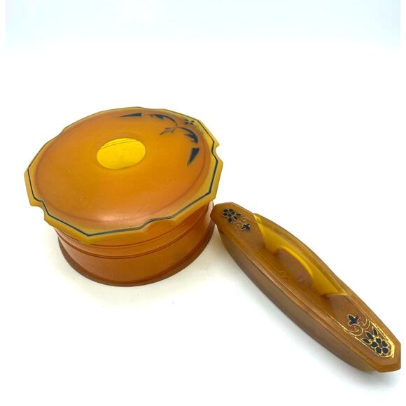 Vintage Art Deco Amber Pyralin powder Vanity Box and Nail Buffer Celluloid - Picture 5 of 8